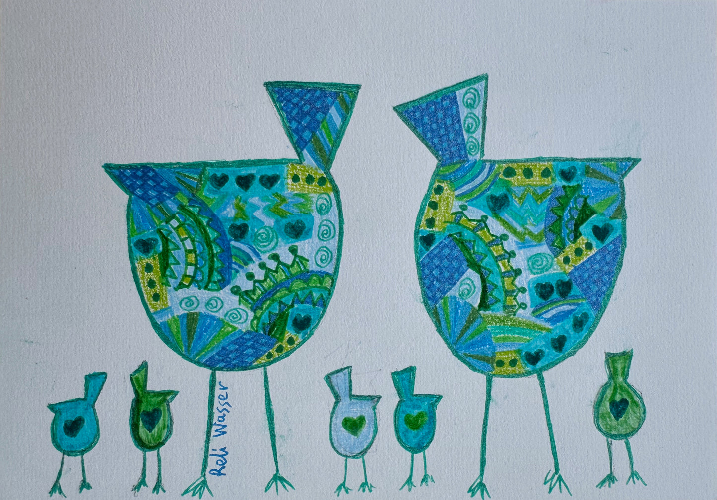 Birds family in green & blue - painting