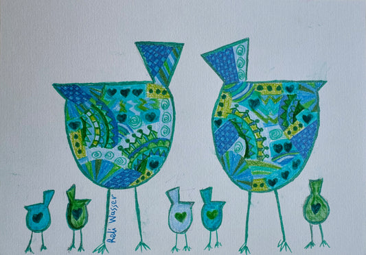 Birds family in green & blue - painting