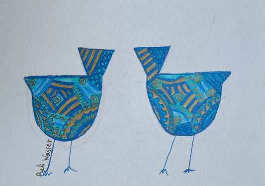 Birds in blue & gold facing each other - painting