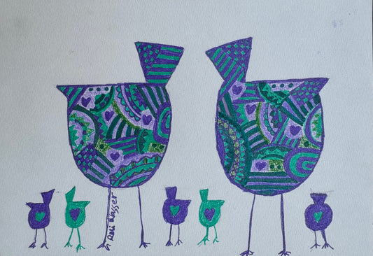Birds family in purple & green - painting