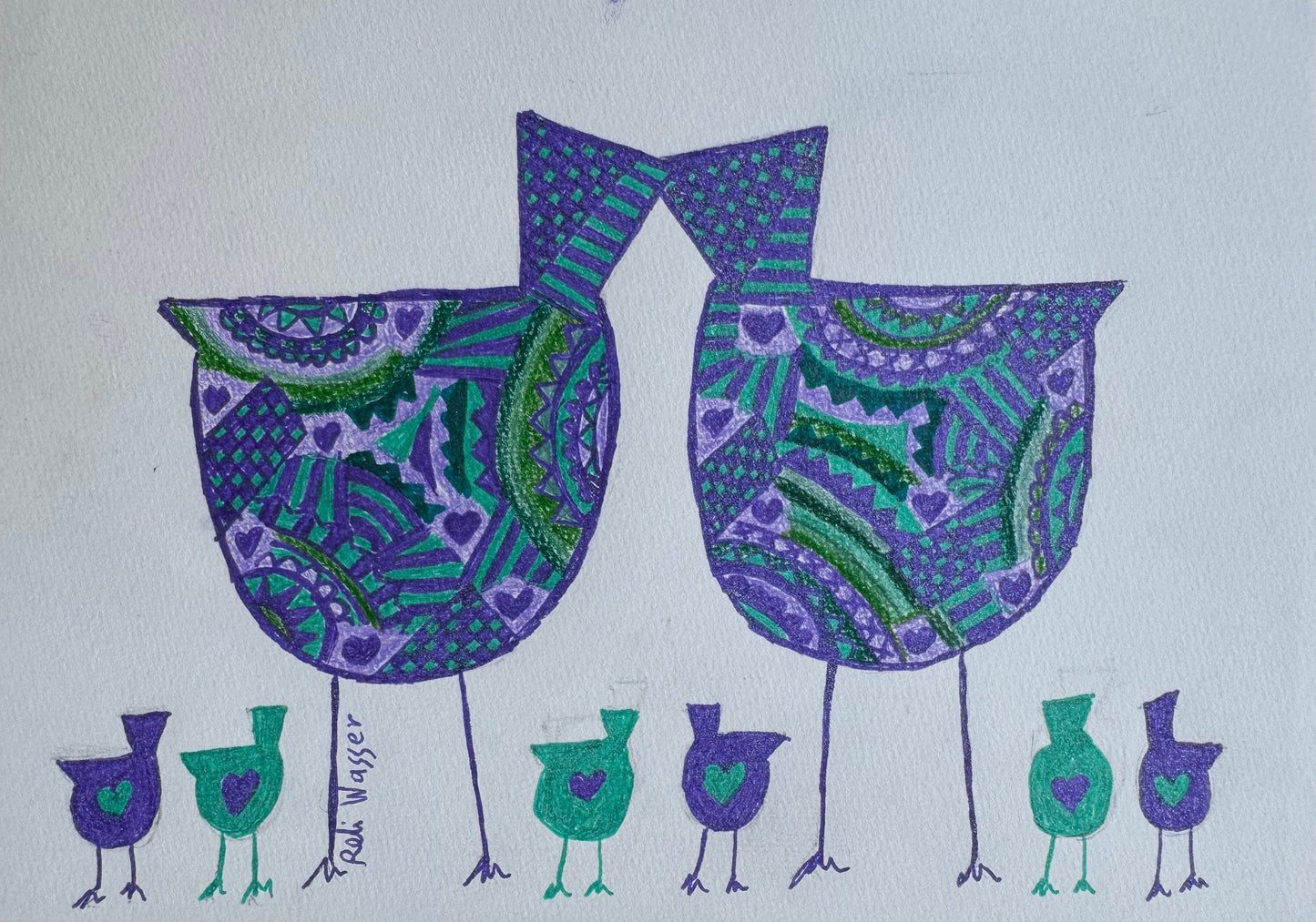 Birds family kiss in purple & green - painting