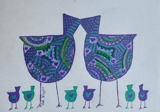 Birds family kiss in purple & green - painting