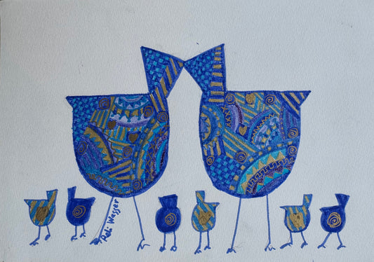 Birds family in blue & gold - painting