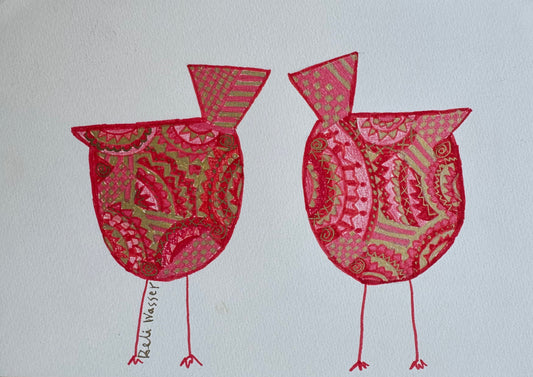 Birds in red & gold - painting