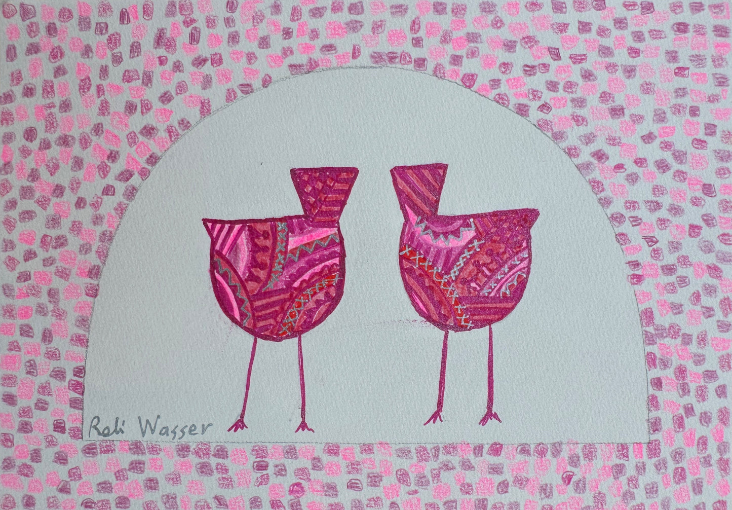 Birds and arch in pink - painting