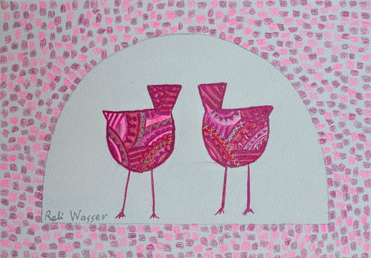 Birds and arch in pink - painting