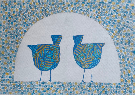 Birds and arch in blue & gold 1 - painting
