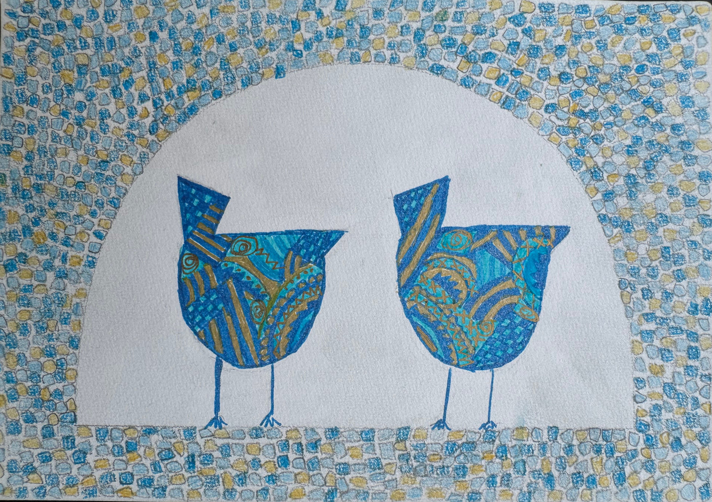 Birds and arch in blue & gold 2 - painting