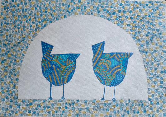 Birds and arch in blue & gold 2 - painting