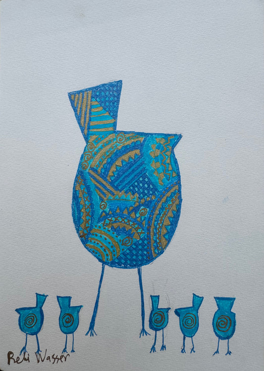 Bird and chicks in blue & gold - painting