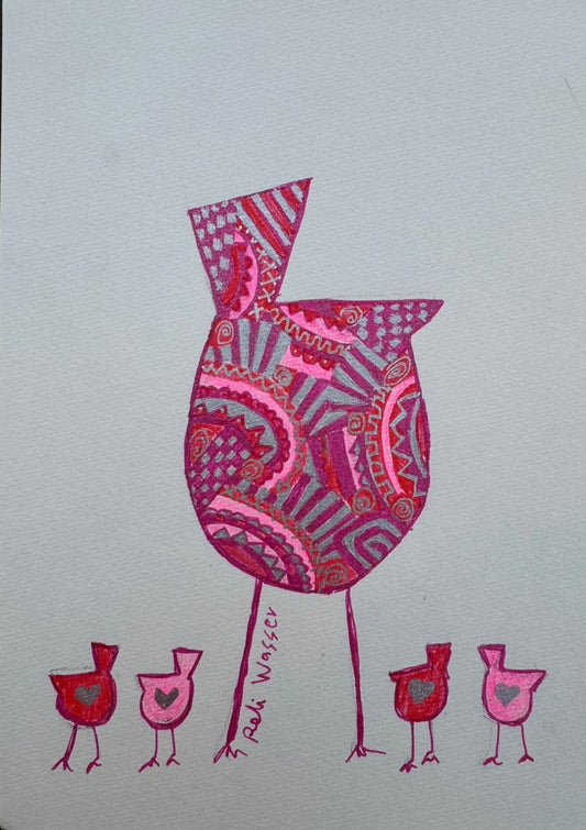 Bird and chicks in pink - painting