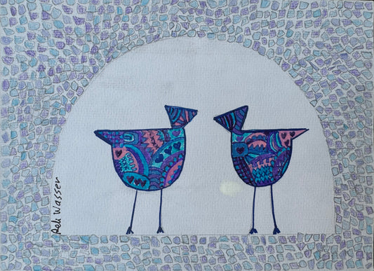 Birds and arch in blue & pink - painting