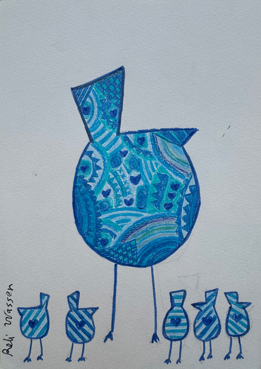 Bird and chicks in blue - painting