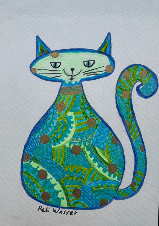 Cat in green & blue - painting